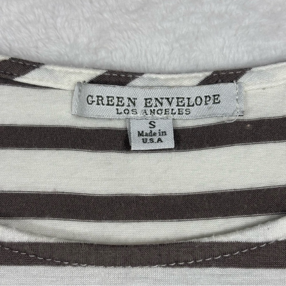 GREEN ENVELOPE Timeless Classic Top Brown Stripe Shirt Cap Sleeve USA Minimalism - Picture 8 of 11